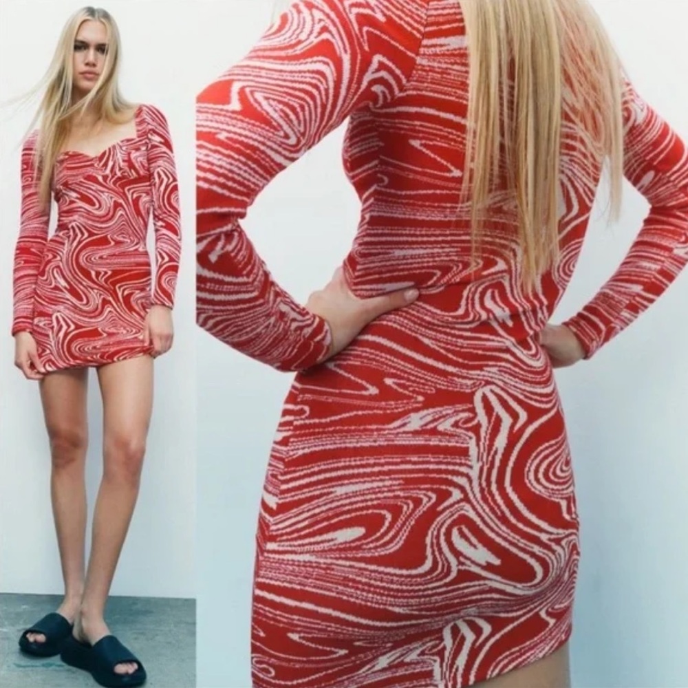 ZARA Red and White Marble Dress
